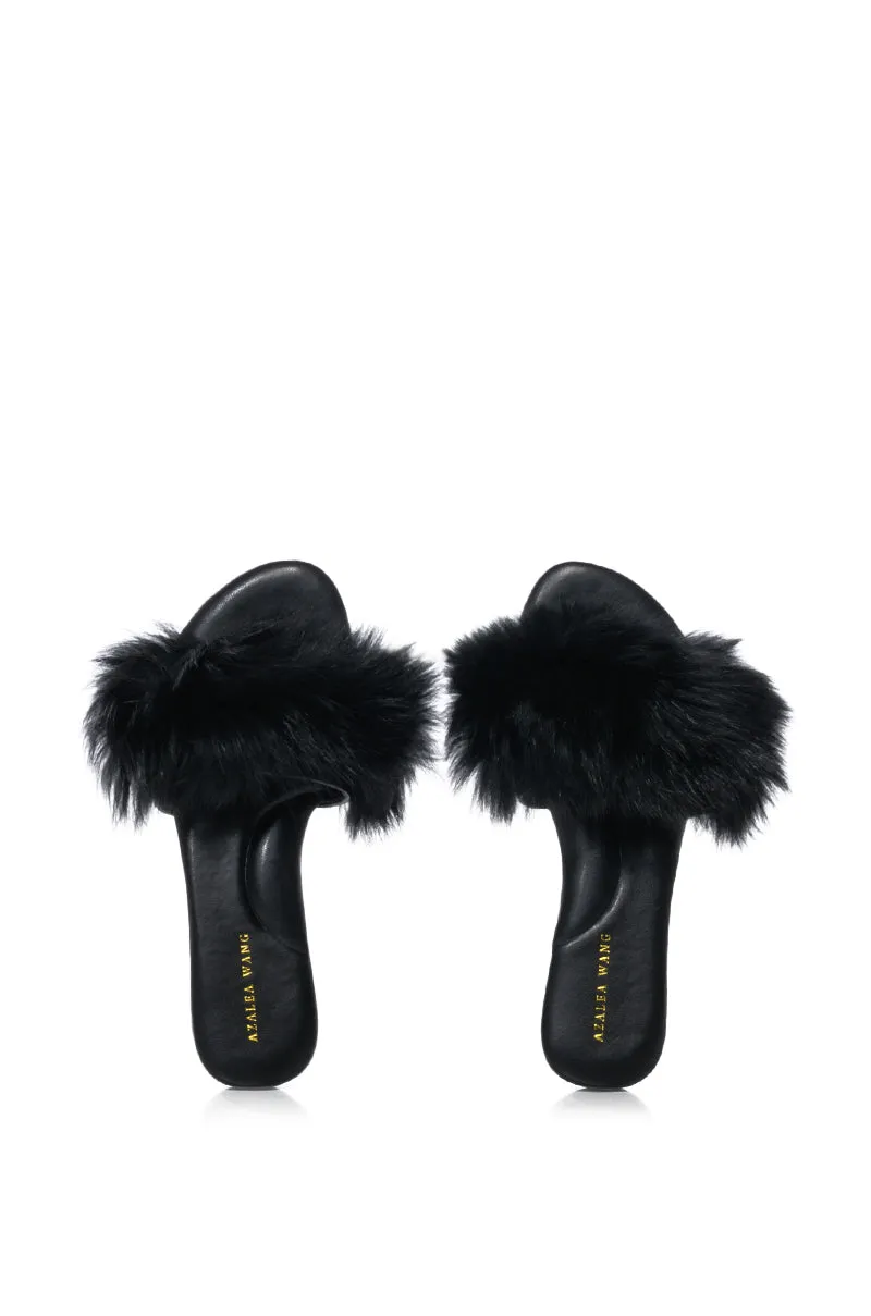 AZALEA WANG FOXY BASIC FUR FLAT SANDAL IN BLACK