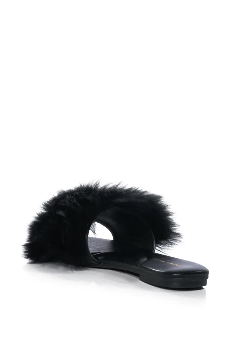 AZALEA WANG FOXY BASIC FUR FLAT SANDAL IN BLACK