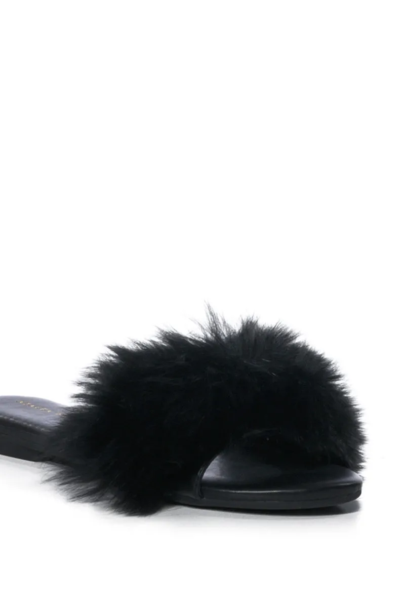 AZALEA WANG FOXY BASIC FUR FLAT SANDAL IN BLACK