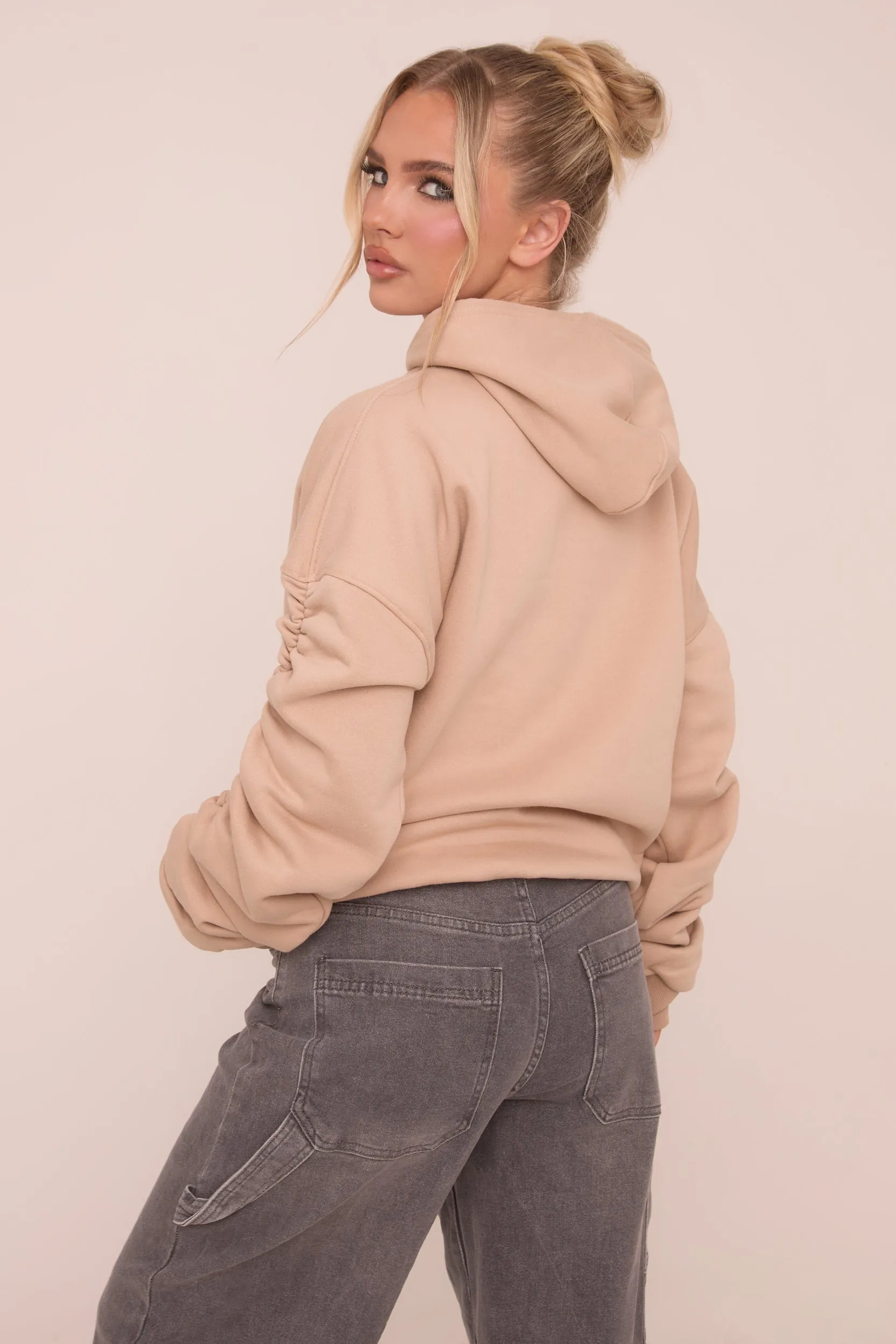 Beige Ruched Sleeve Oversized Hoodie - Lorna