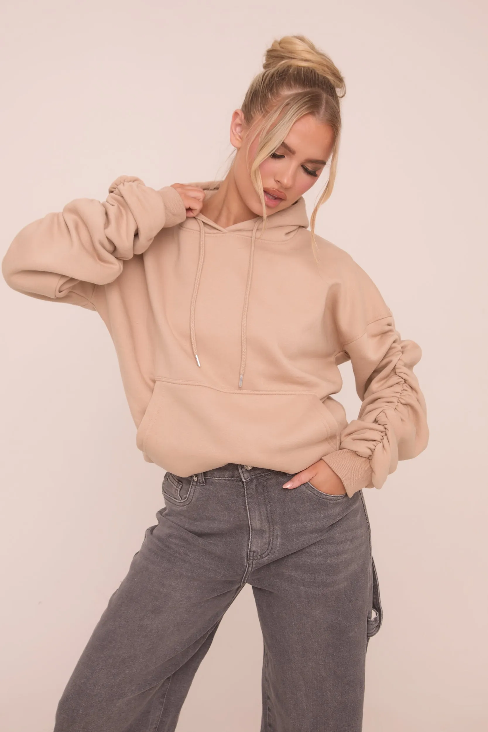 Beige Ruched Sleeve Oversized Hoodie - Lorna