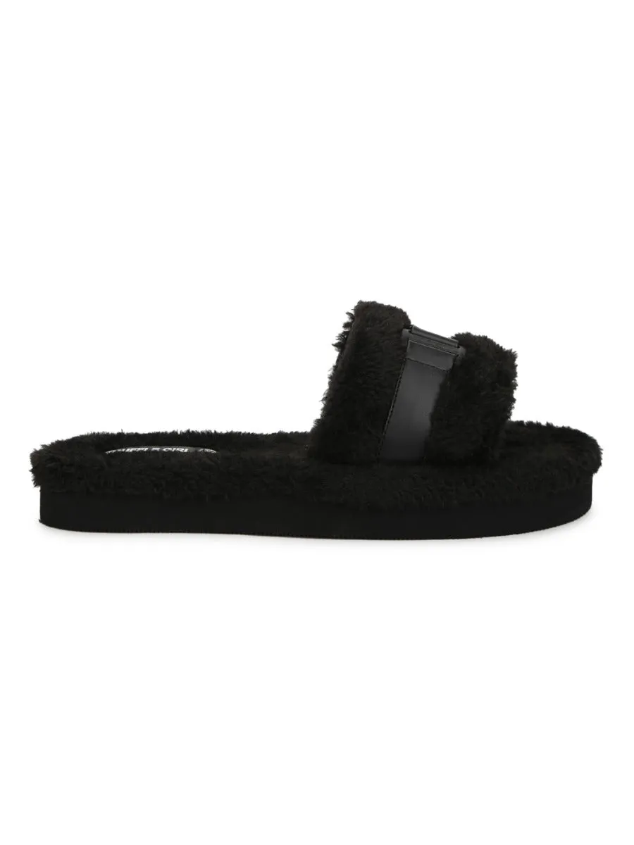 Black Fuzzy Fur Slides