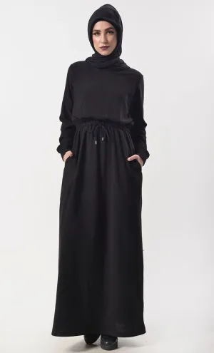 Black Jersey Drawstring Attached Abaya