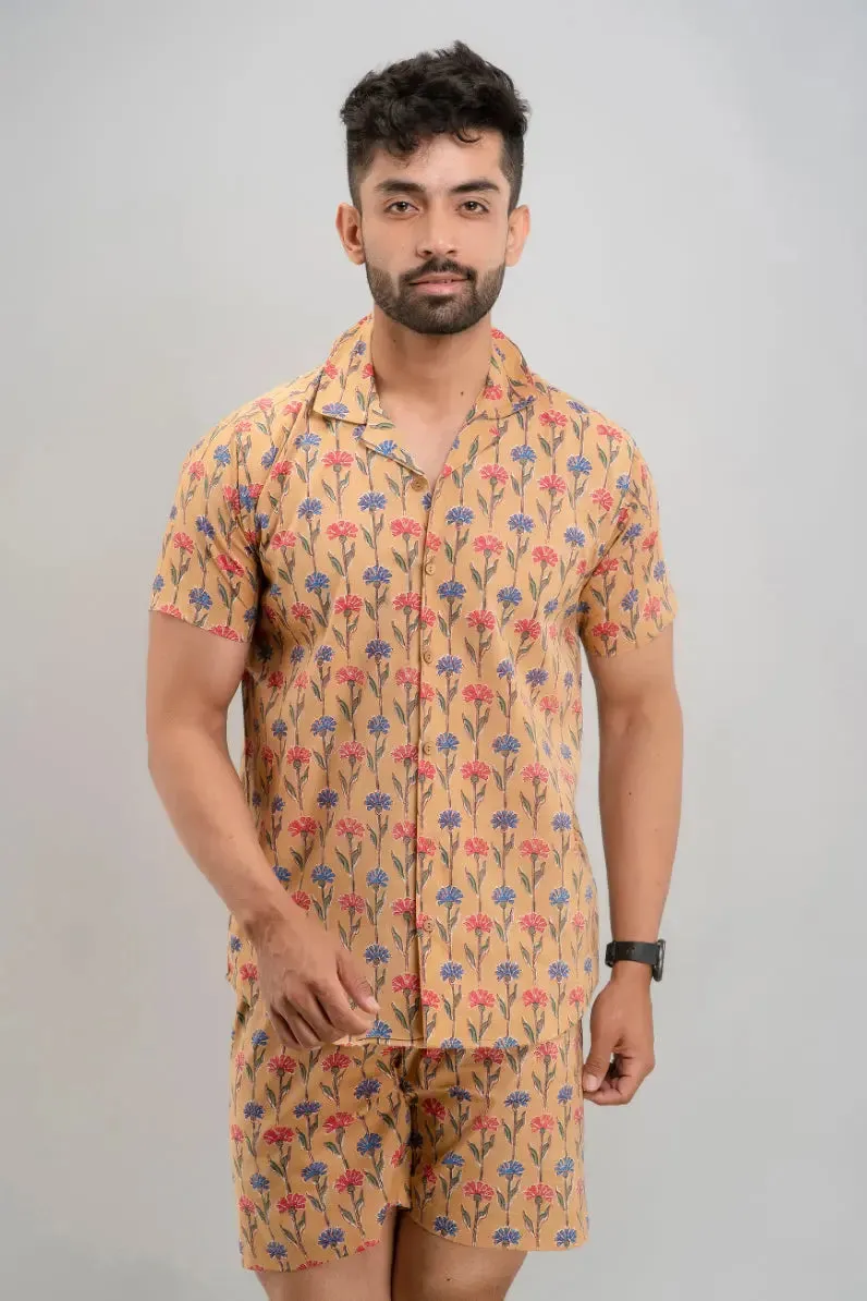 Firangi Yarn Floral Printed Cotton Beige Cuban Collar Co-ord Set For Men