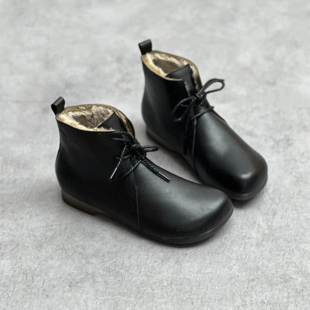 Handmade Genuine Leather Fleece Lace-up Ankle Boots