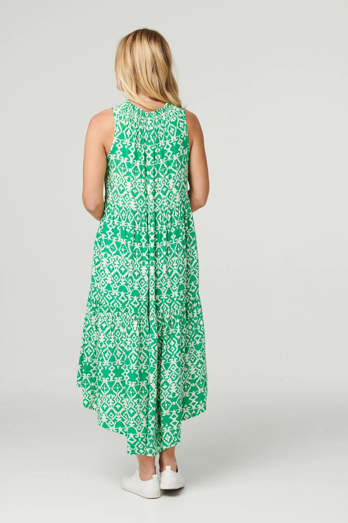 Ikat Print High Neck Midi Dress