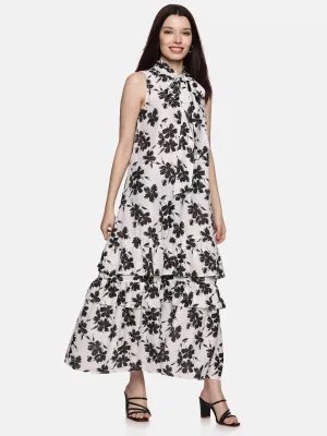 IS.U Floral Off-White Tiered Sleevless Dress