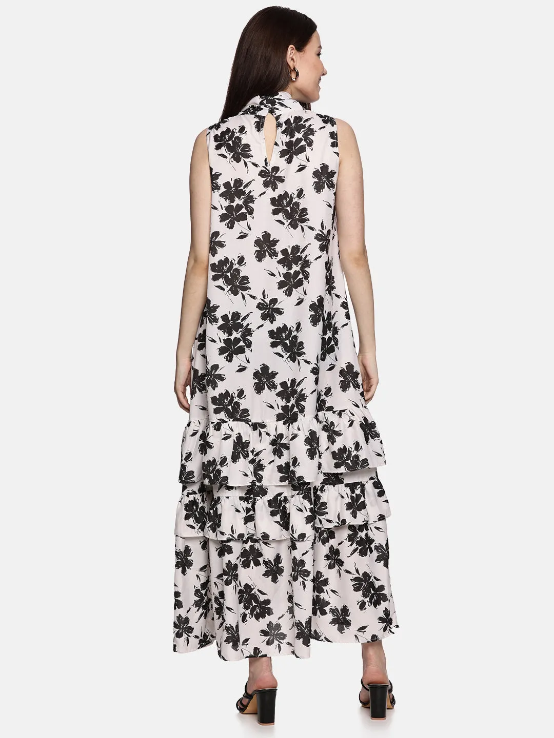 IS.U Floral Off-White Tiered Sleevless Dress