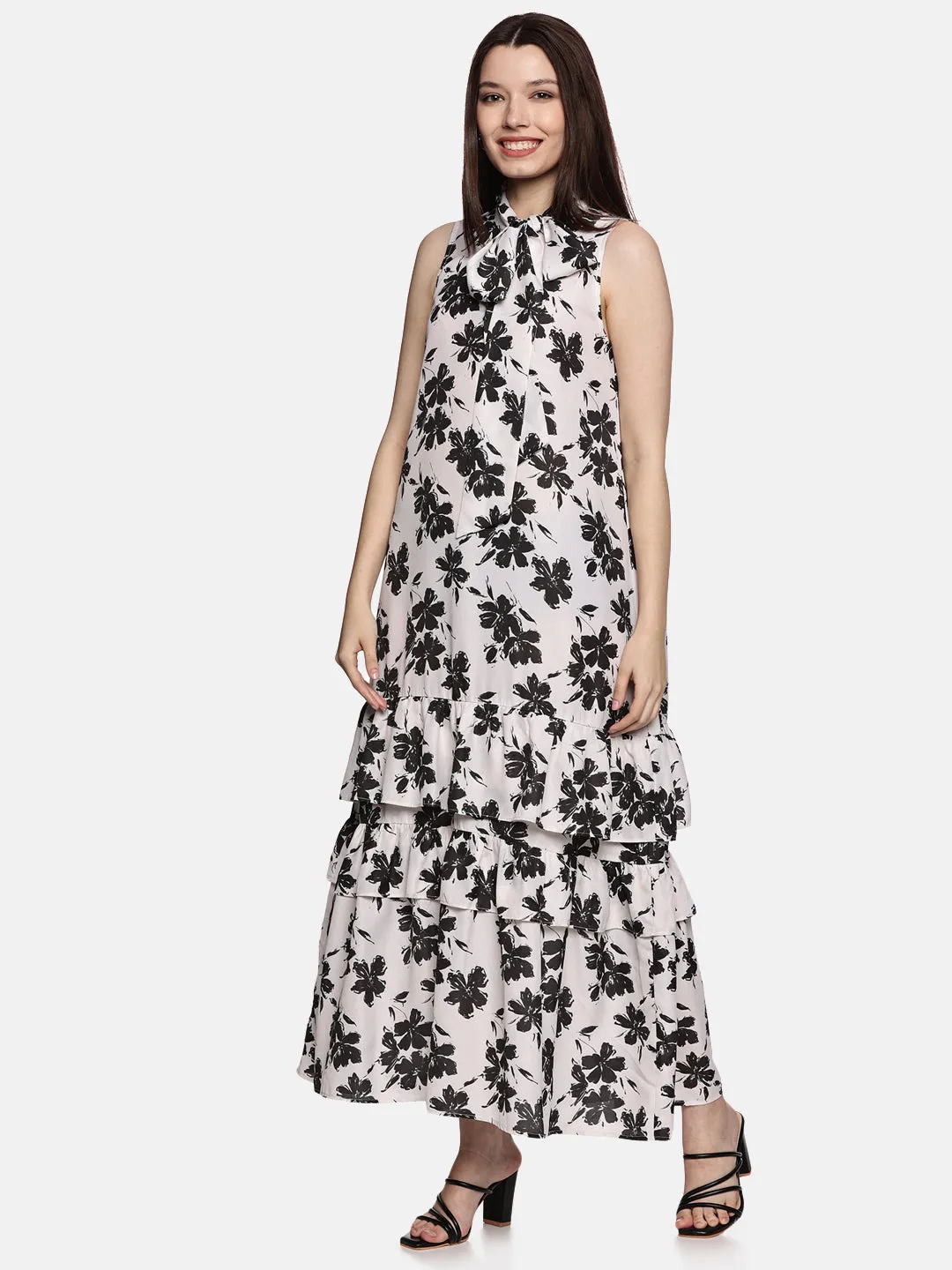 IS.U Floral Off-White Tiered Sleevless Dress