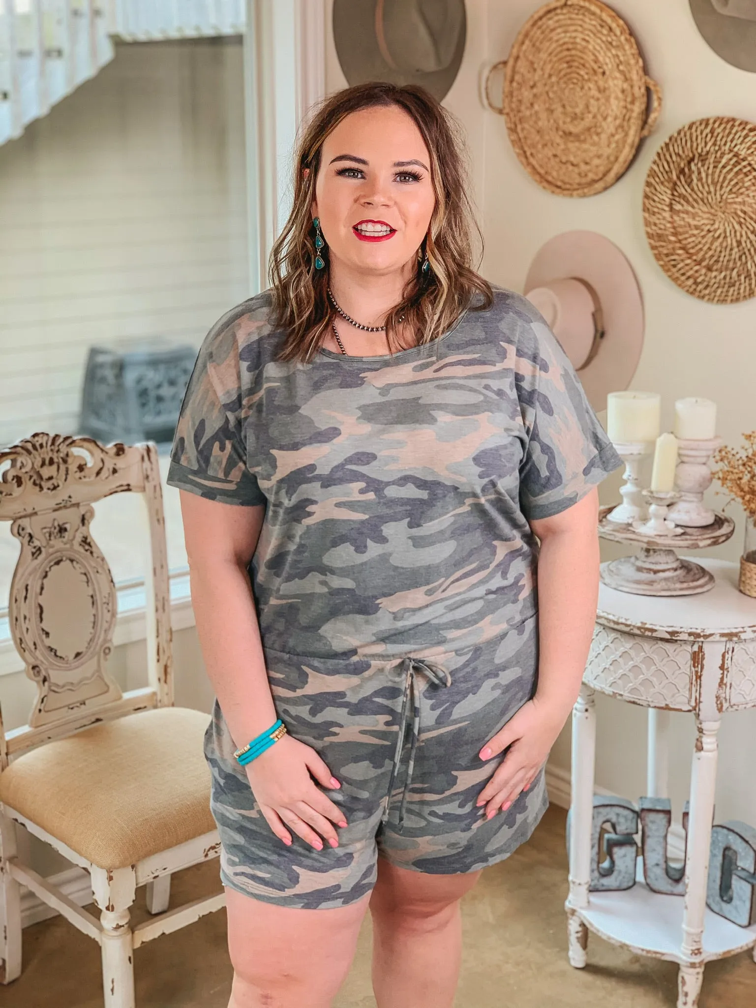 Let Me Loose Short Sleeve Drawstring Waist Tee Shirt Romper in Camouflage