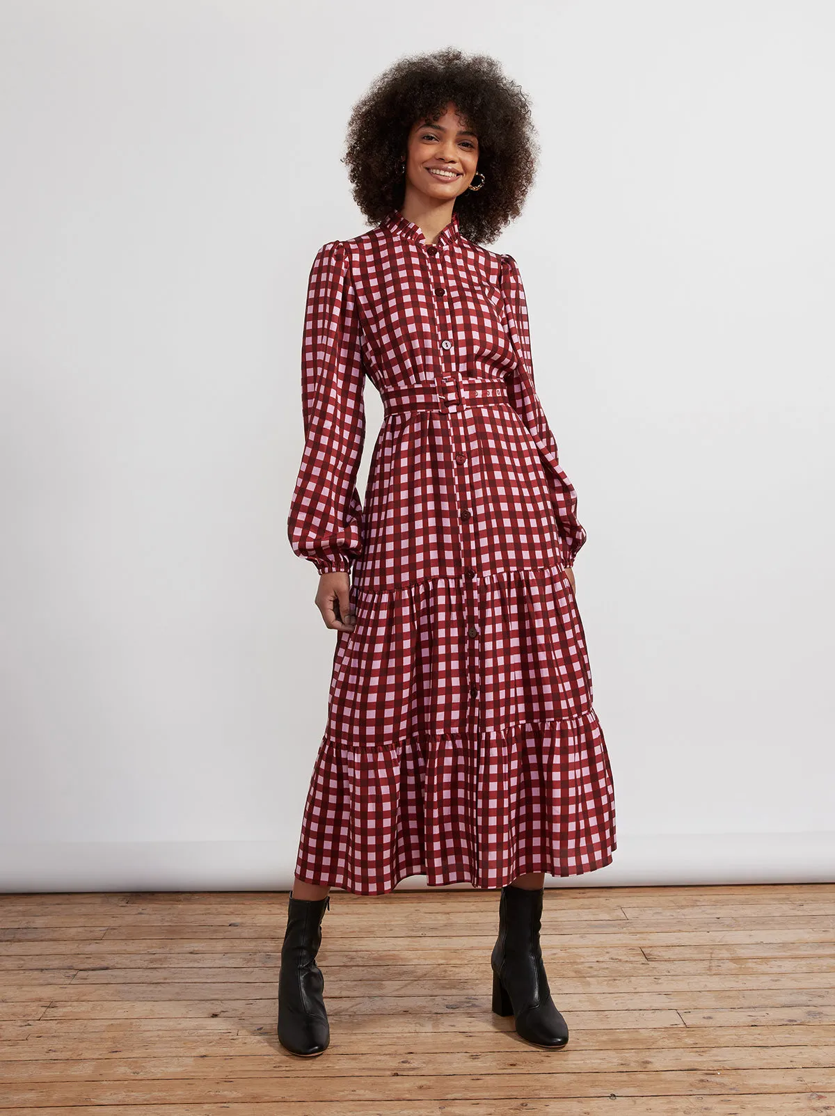 Lori Pink Check Midi Dress