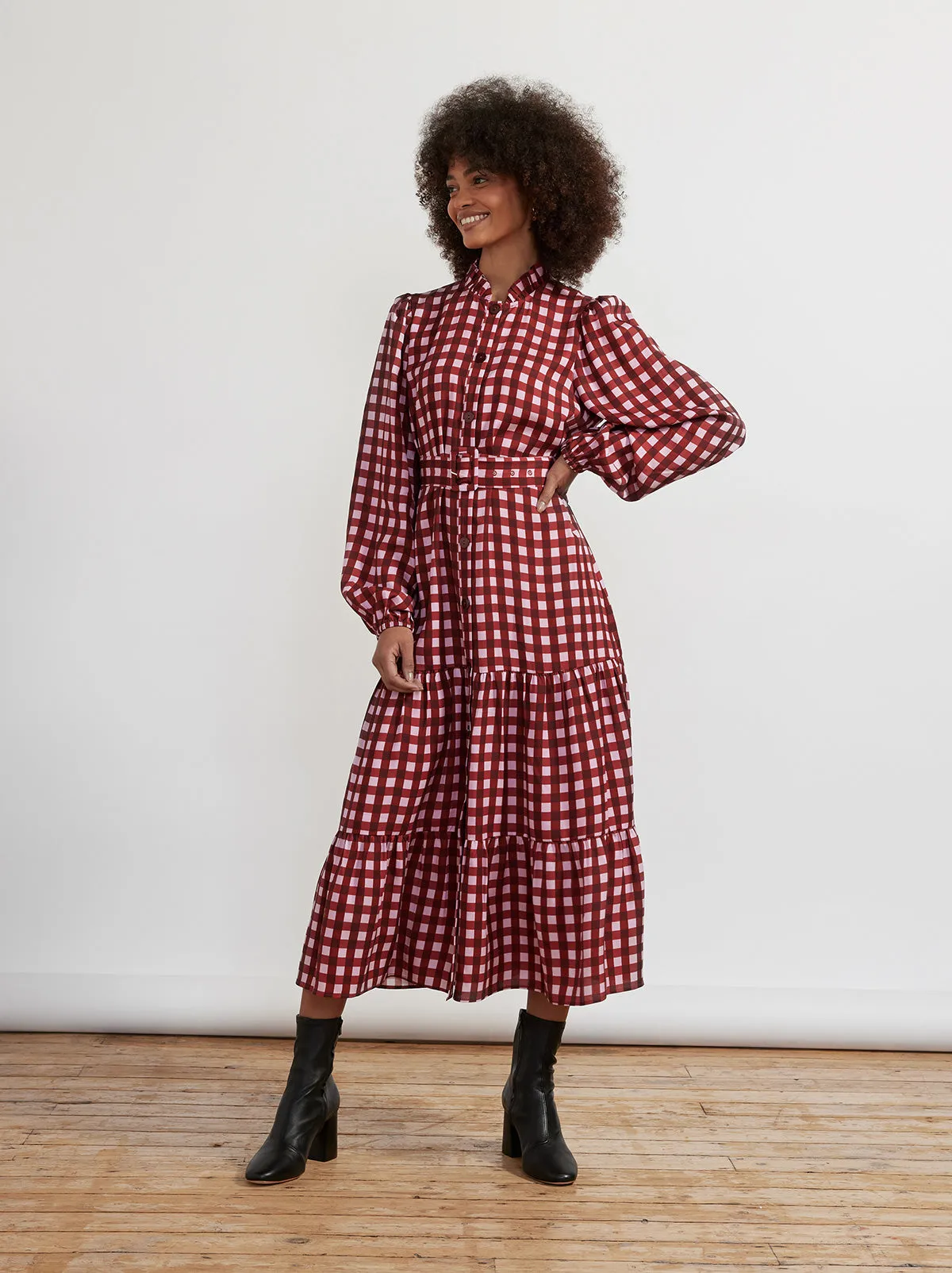 Lori Pink Check Midi Dress