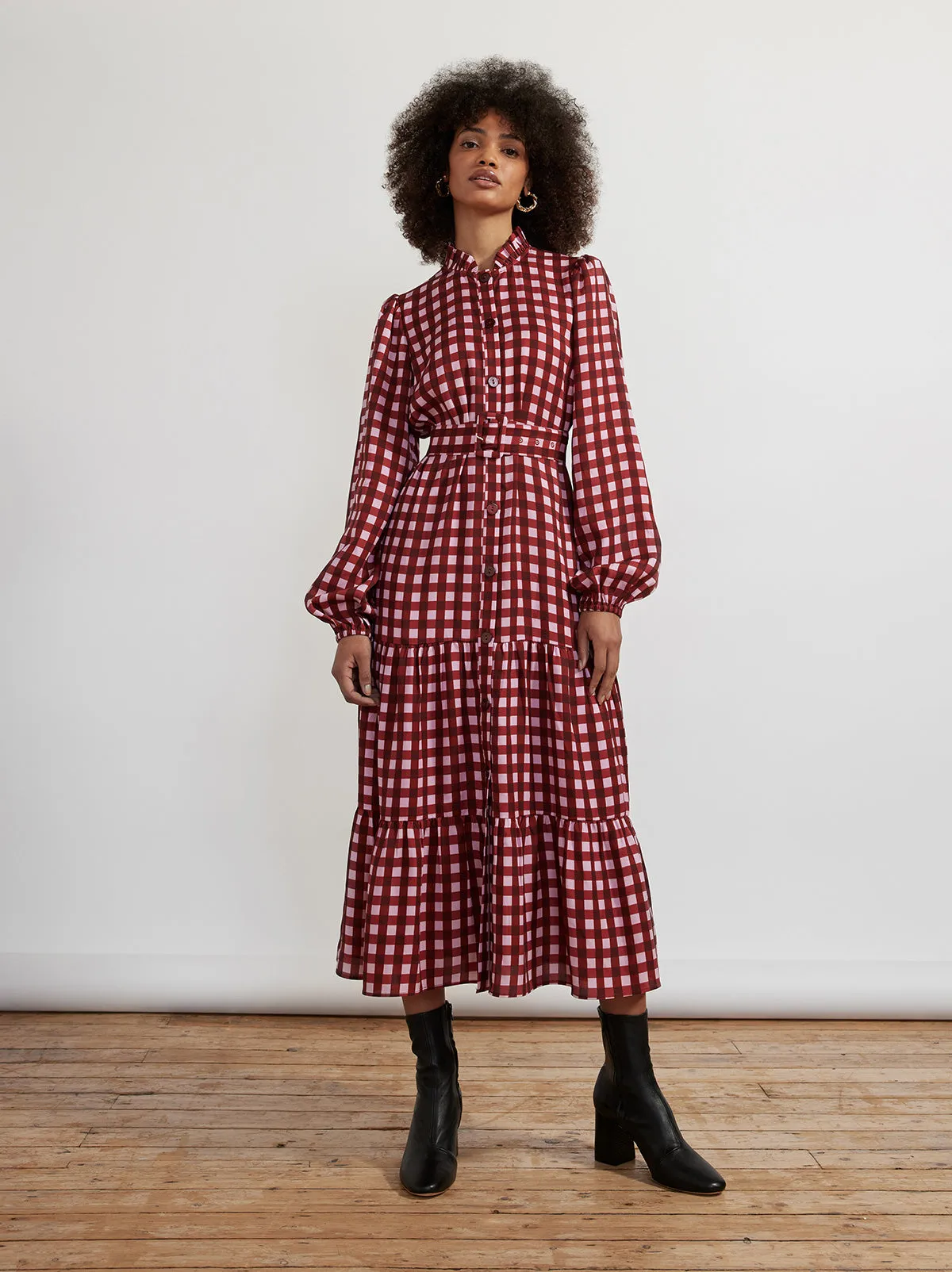 Lori Pink Check Midi Dress