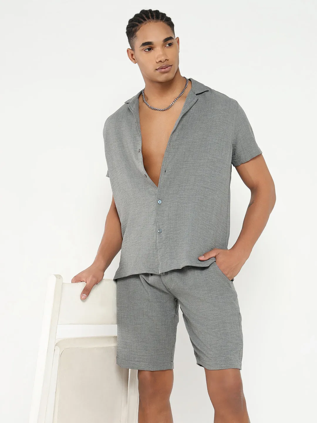 Men Grey Solid Co Ords Set