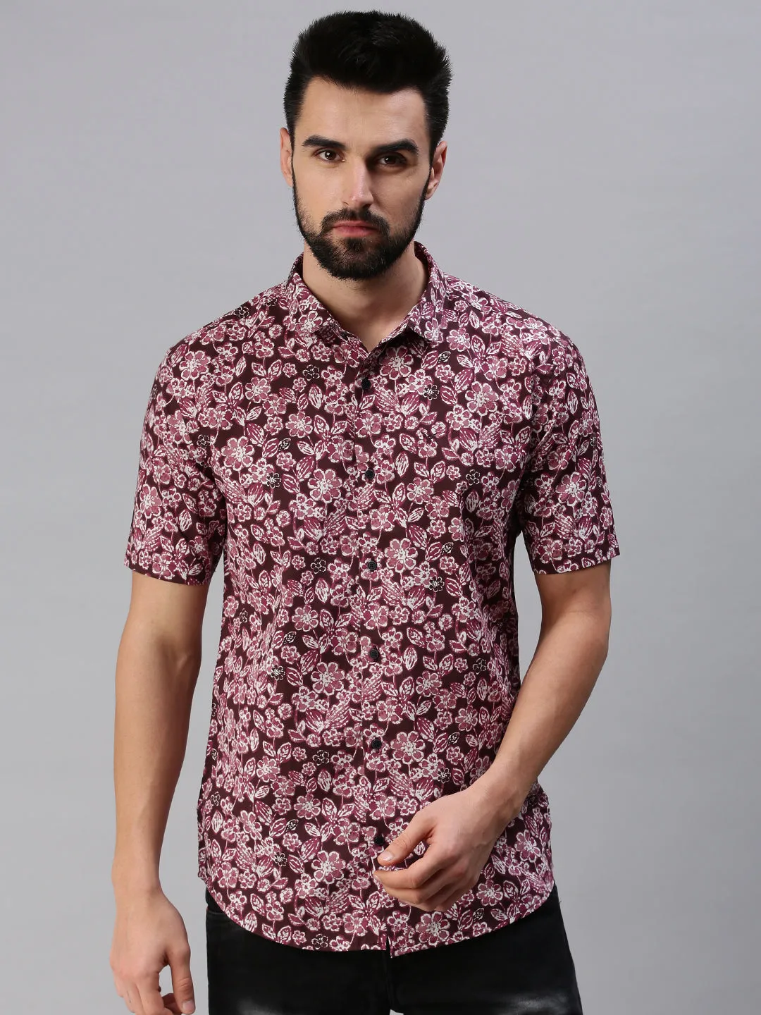 Men Spread Collar Printed Magenta Shirt