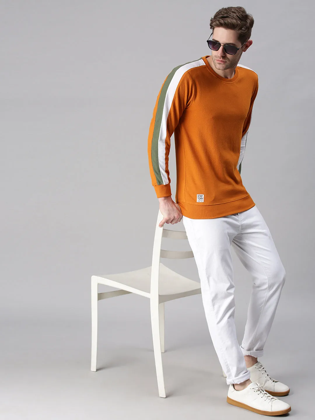 Men Striped Orange Sweatshirt