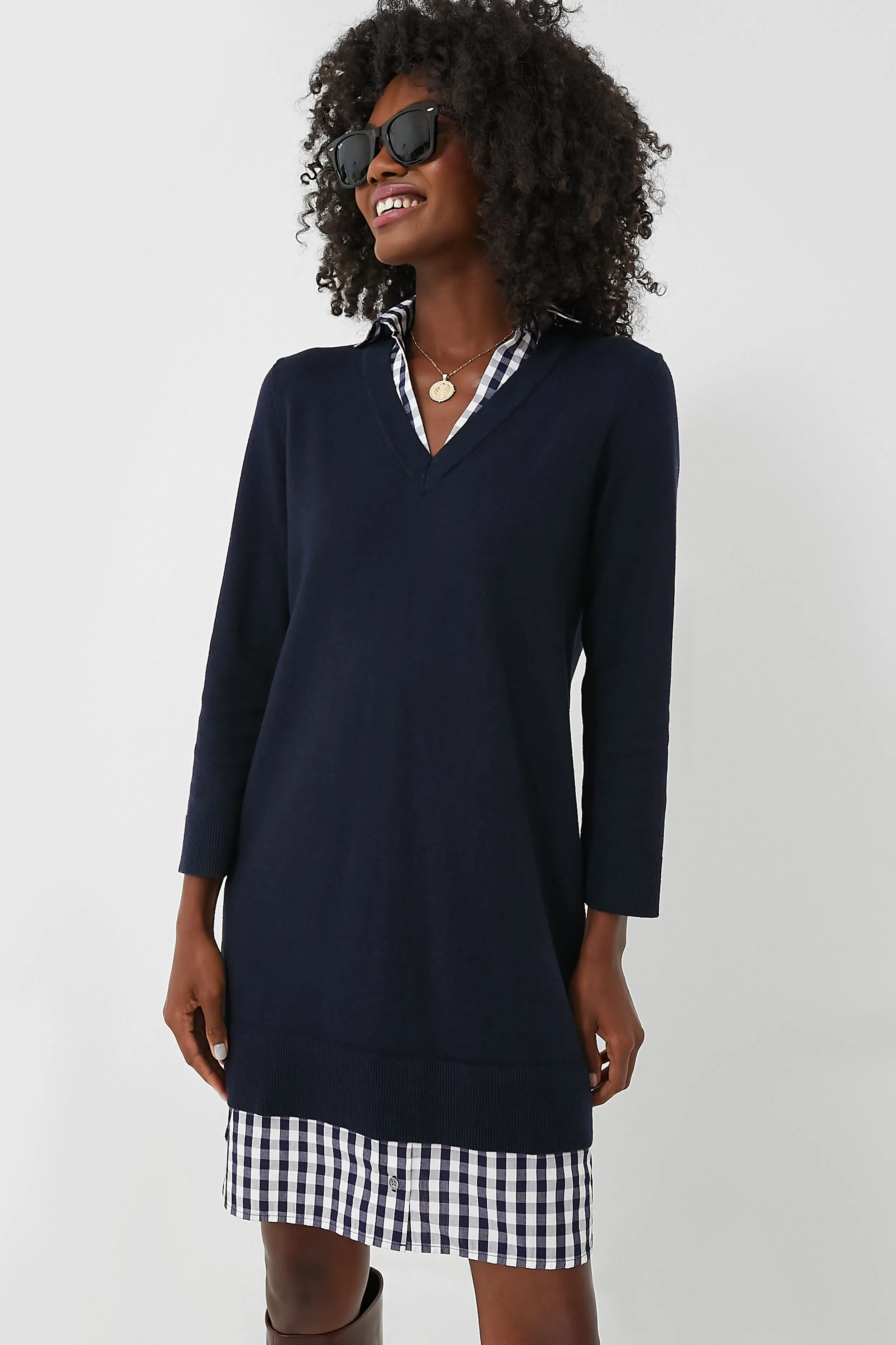 Navy Wool and Cotton Combo Sweaterdress