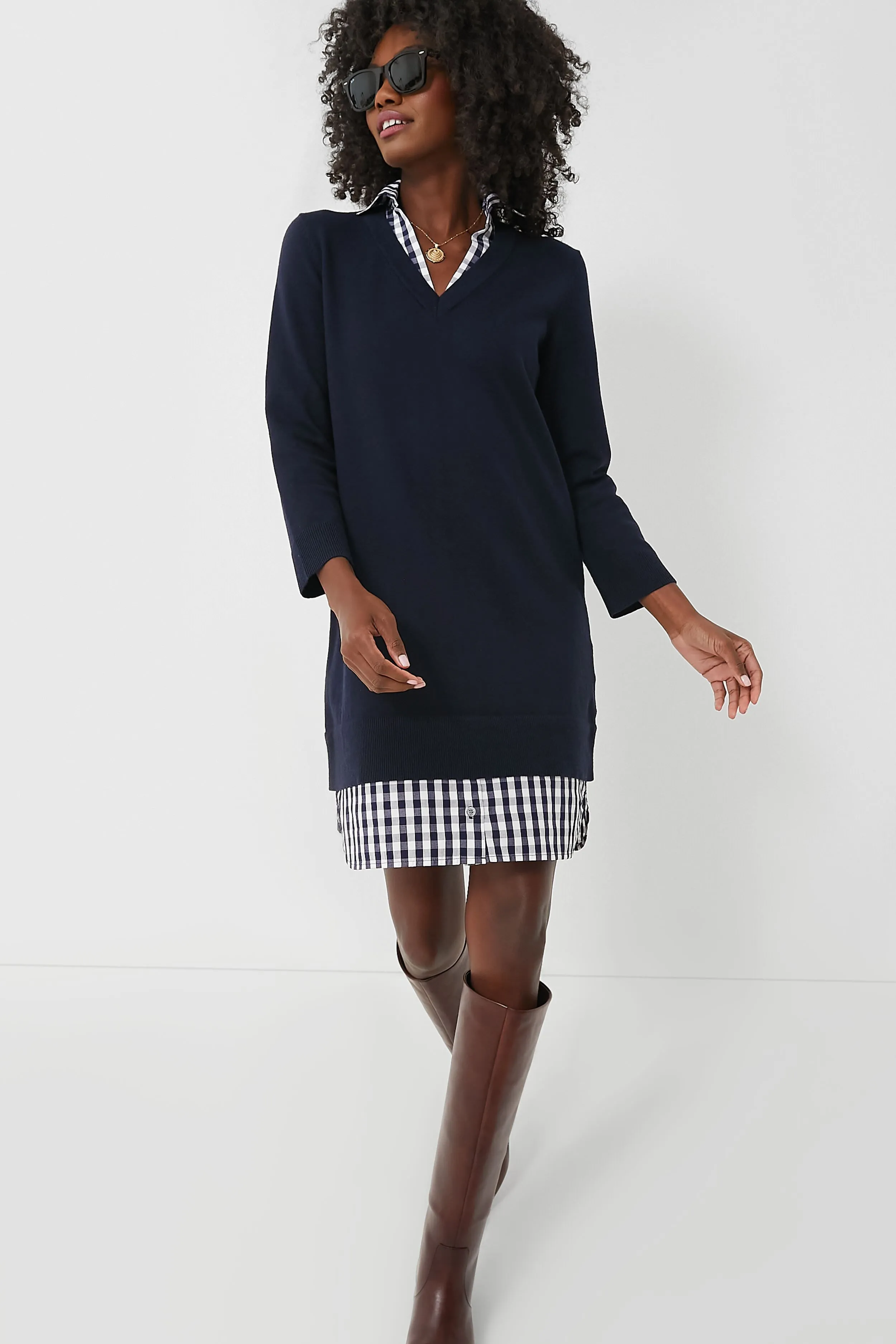 Navy Wool and Cotton Combo Sweaterdress