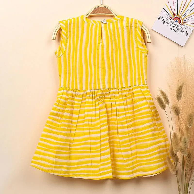 Organic Cotton Muslin Sleevless Frock Dress For Baby | Stripe | Yellow