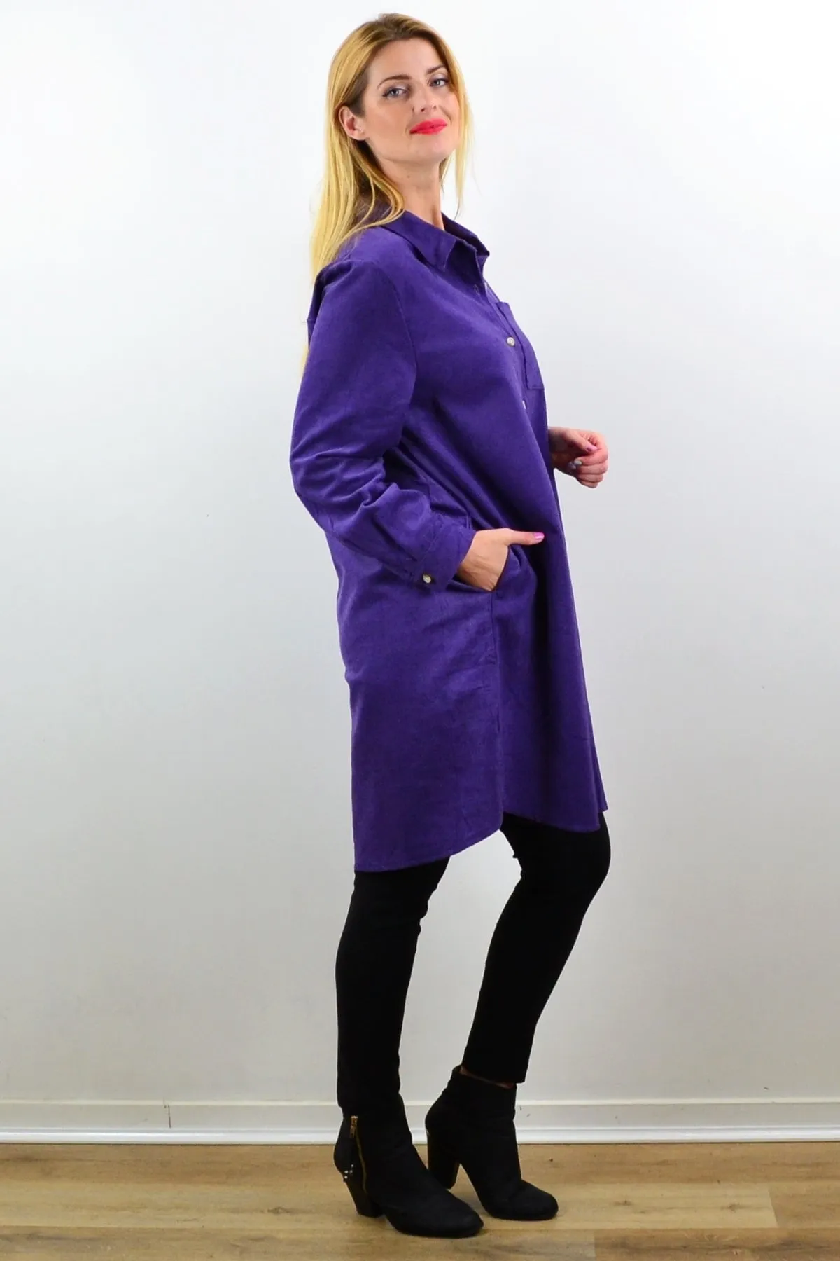 Purple Corduroy Tunic Shirt Dress