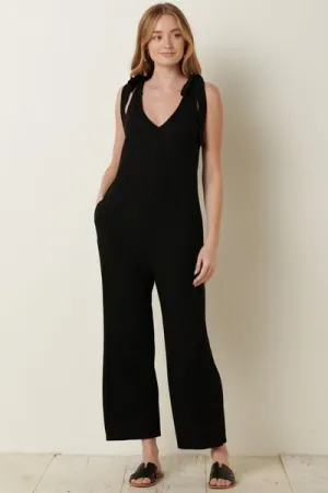 Rib Knit V-Neck Cross Back Jumpsuit