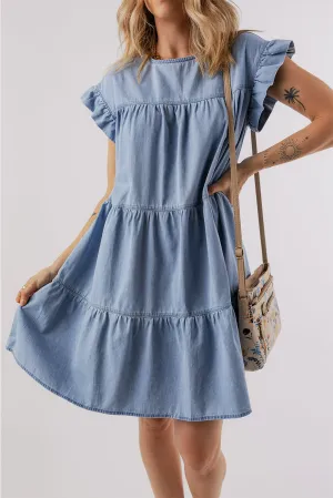 Ruffled Round Neck Cap Sleeve Denim Dress