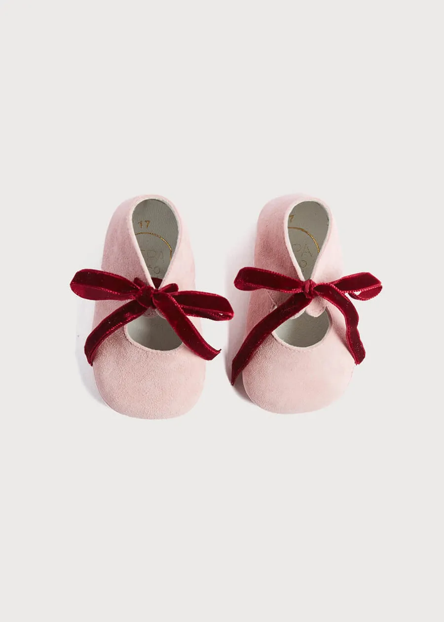 Suede Pink Baby Pram Shoes with Velvet Ribbon (17-20EU)