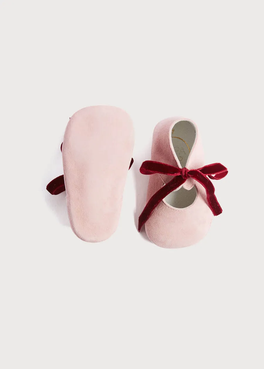 Suede Pink Baby Pram Shoes with Velvet Ribbon (17-20EU)