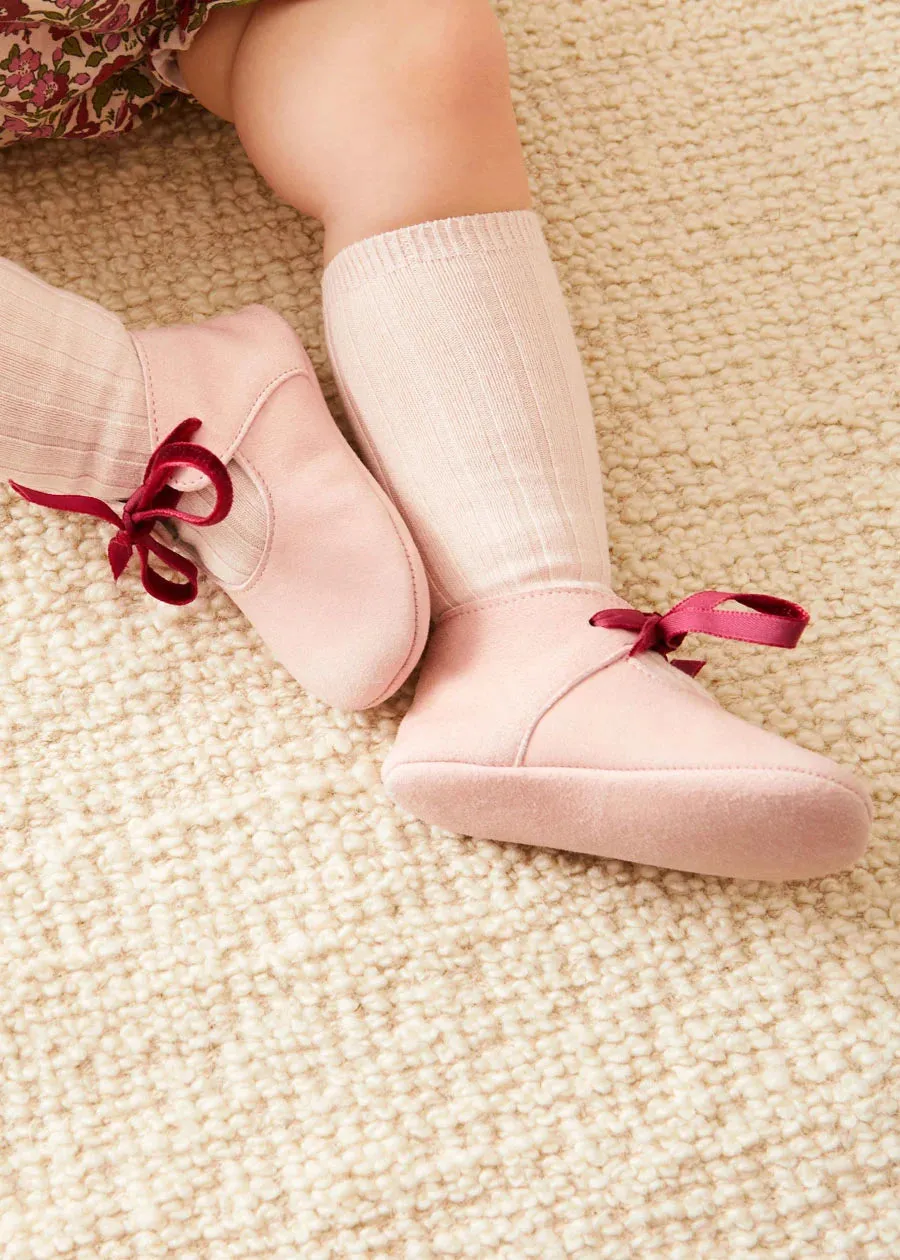 Suede Pink Baby Pram Shoes with Velvet Ribbon (17-20EU)