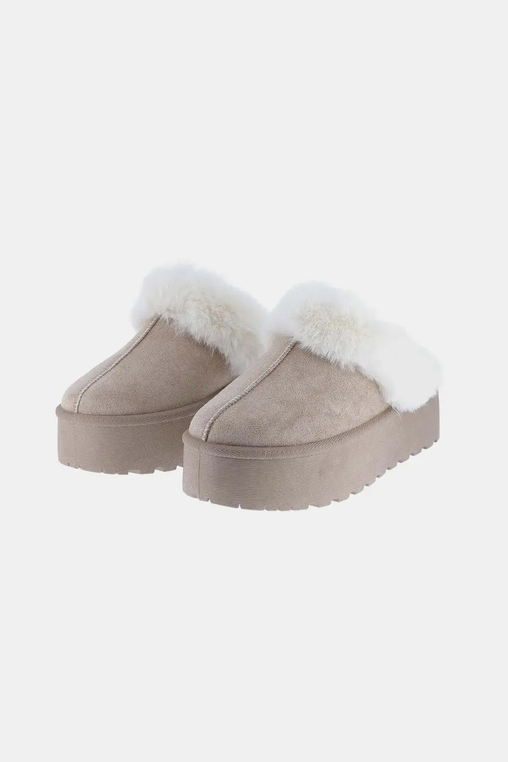 Taupe Thick Bottom Fur Trim Snow Slippers