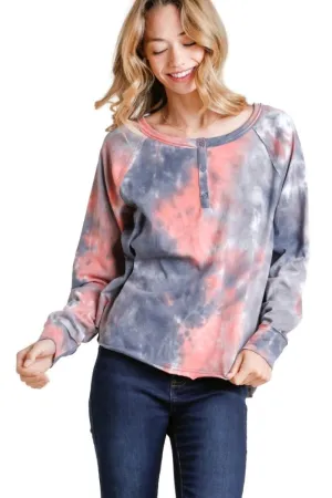 Tie Dye Henley Top, Pink