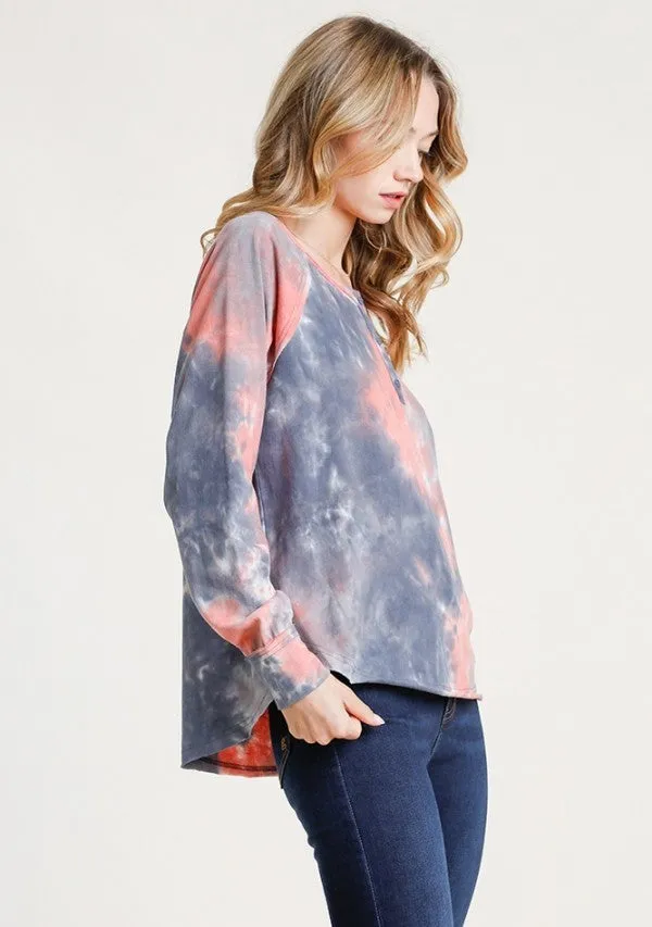 Tie Dye Henley Top, Pink