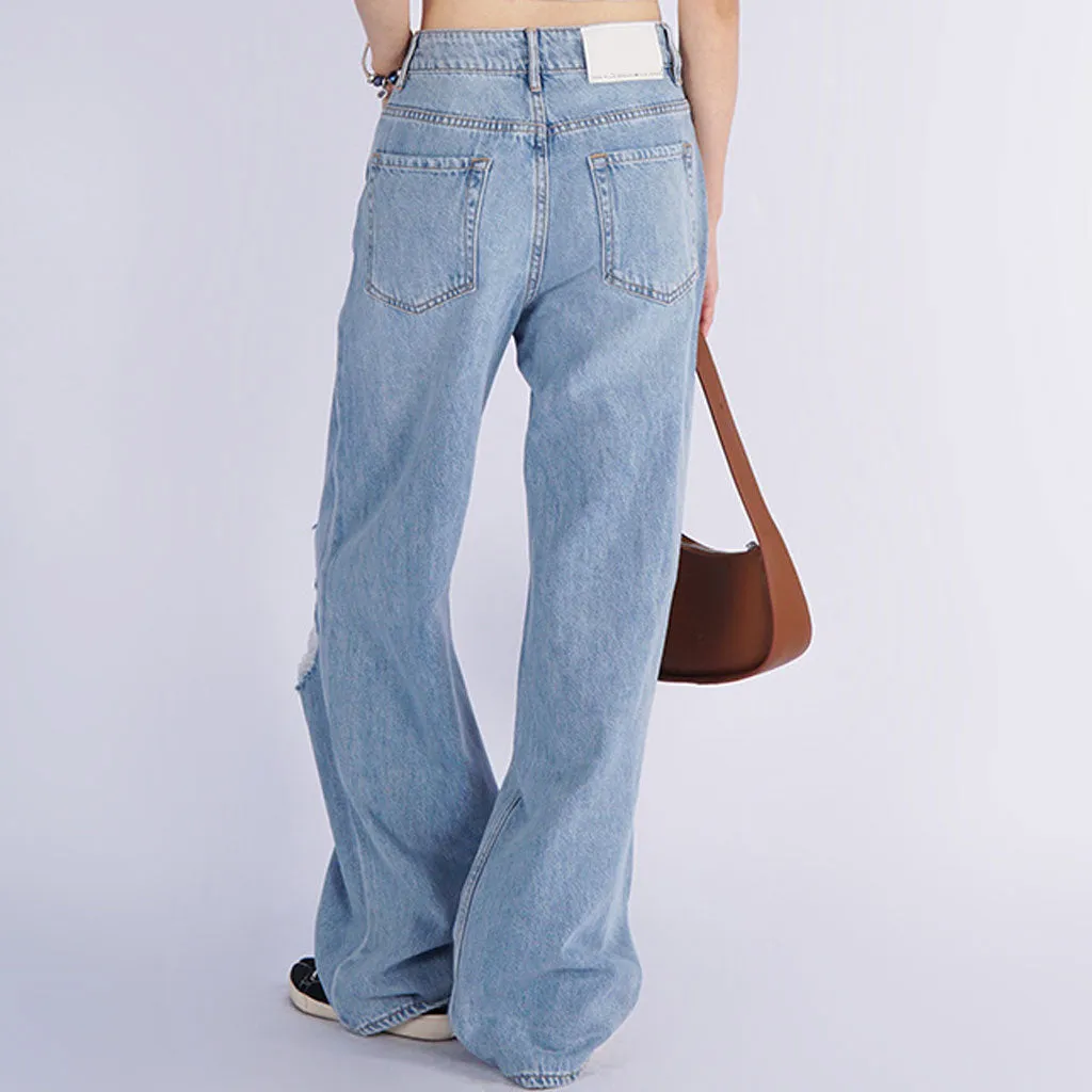 Trendy High Rise Fade Ripped Straight Wide Leg Jeans - Light Blue