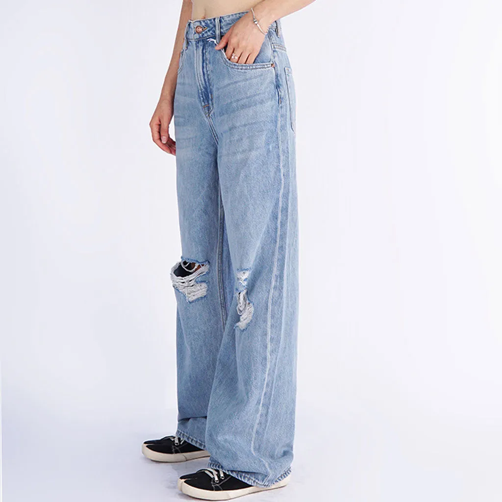 Trendy High Rise Fade Ripped Straight Wide Leg Jeans - Light Blue