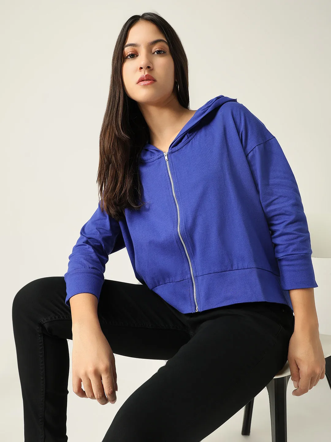 Women Blue Solid Hooded Sweatshirt