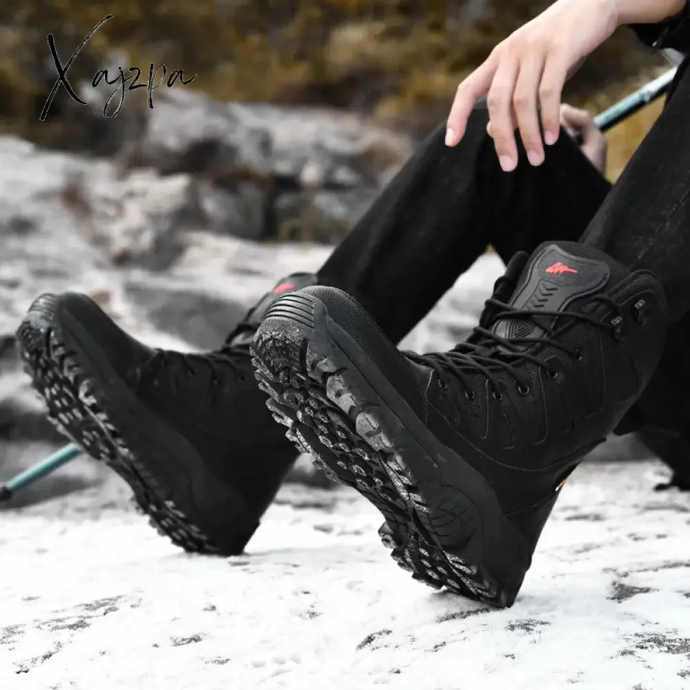 Xajzpa - High Quality Waterproof Boots Men Military Leather Tactical Combat Boots Plush Warm Platform Outdoor Hiking Work Boots