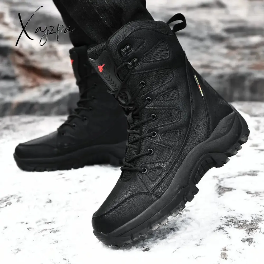 Xajzpa - High Quality Waterproof Boots Men Military Leather Tactical Combat Boots Plush Warm Platform Outdoor Hiking Work Boots