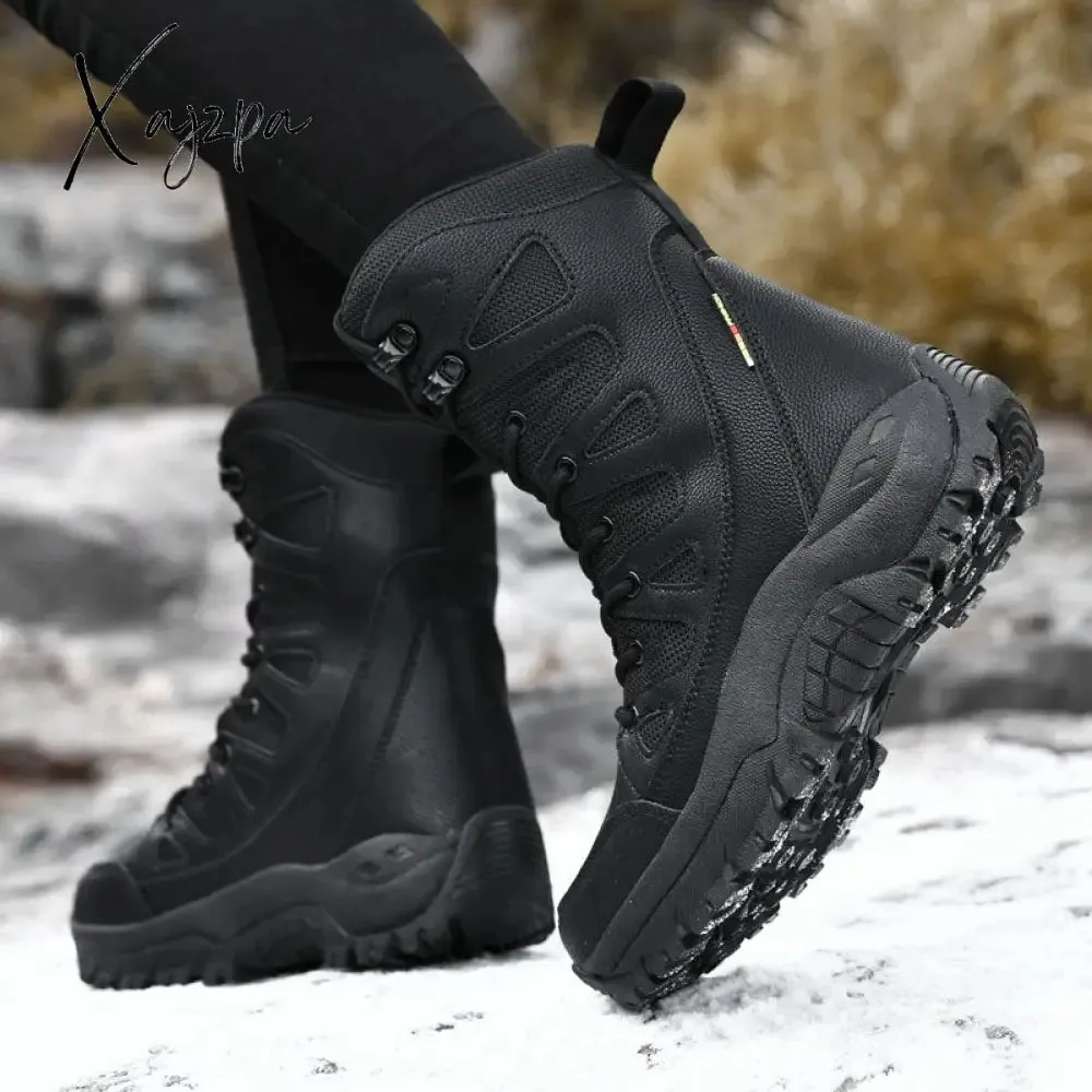 Xajzpa - High Quality Waterproof Boots Men Military Leather Tactical Combat Boots Plush Warm Platform Outdoor Hiking Work Boots