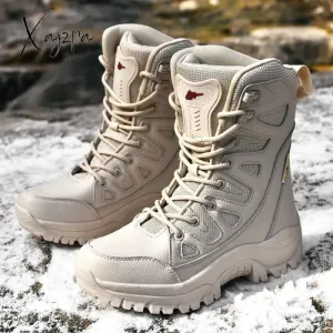 Xajzpa - High Quality Waterproof Boots Men Military Leather Tactical Combat Boots Plush Warm Platform Outdoor Hiking Work Boots