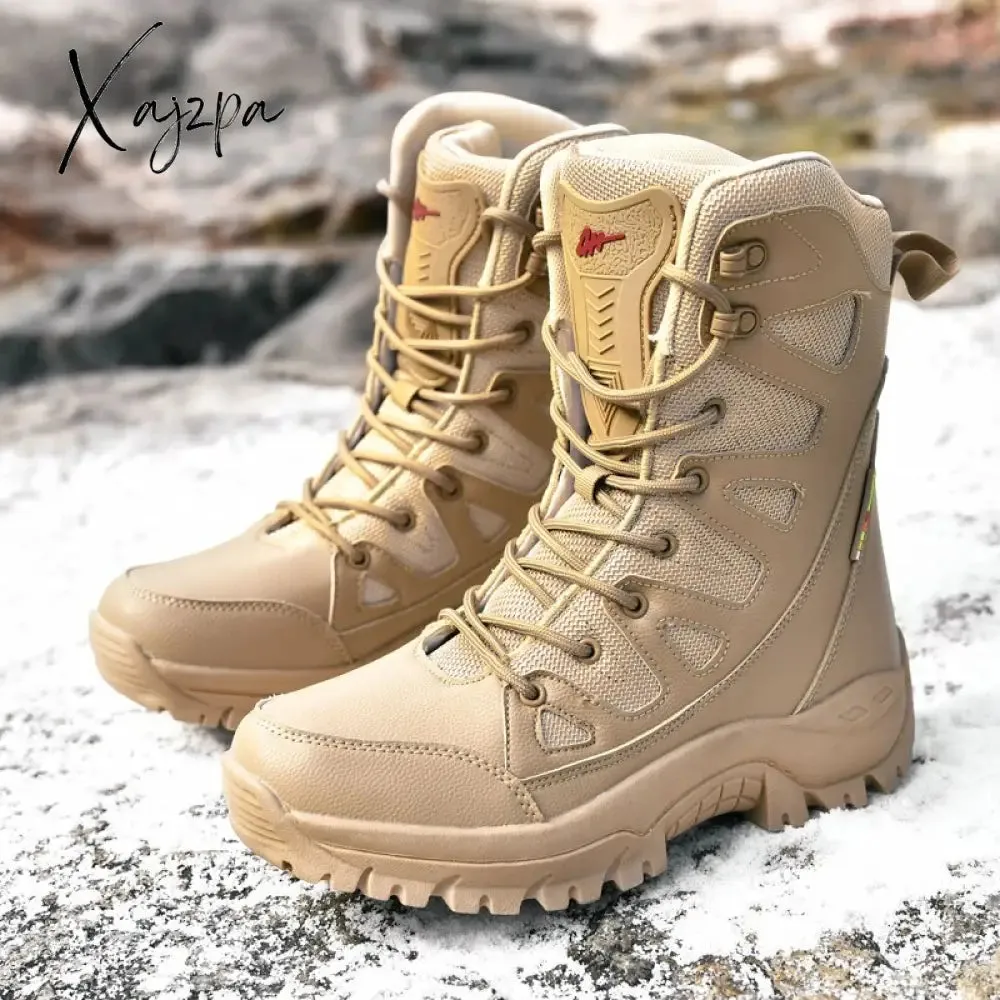 Xajzpa - High Quality Waterproof Boots Men Military Leather Tactical Combat Boots Plush Warm Platform Outdoor Hiking Work Boots