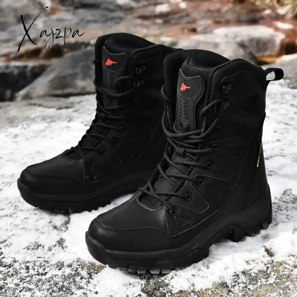 Xajzpa - High Quality Waterproof Boots Men Military Leather Tactical Combat Boots Plush Warm Platform Outdoor Hiking Work Boots